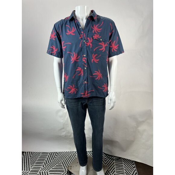 Paradise City Mens Large Hawaiian Shirt Blue & Red Palm Tree Print Short Sleeve - Picture 16 of 16